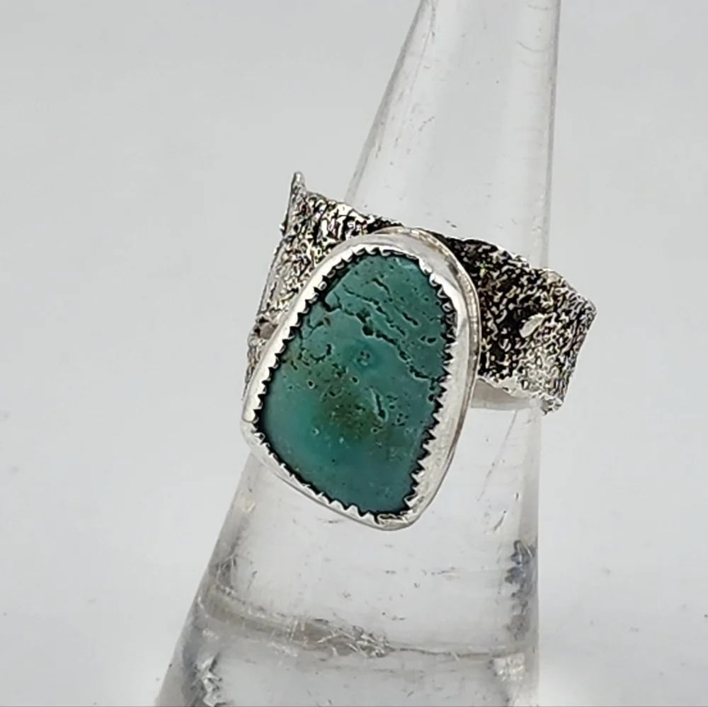 TURQUOISE RING HANDMADE IN RECYCLED STERLING SILVER BRUTALIST STYLE SZ 9